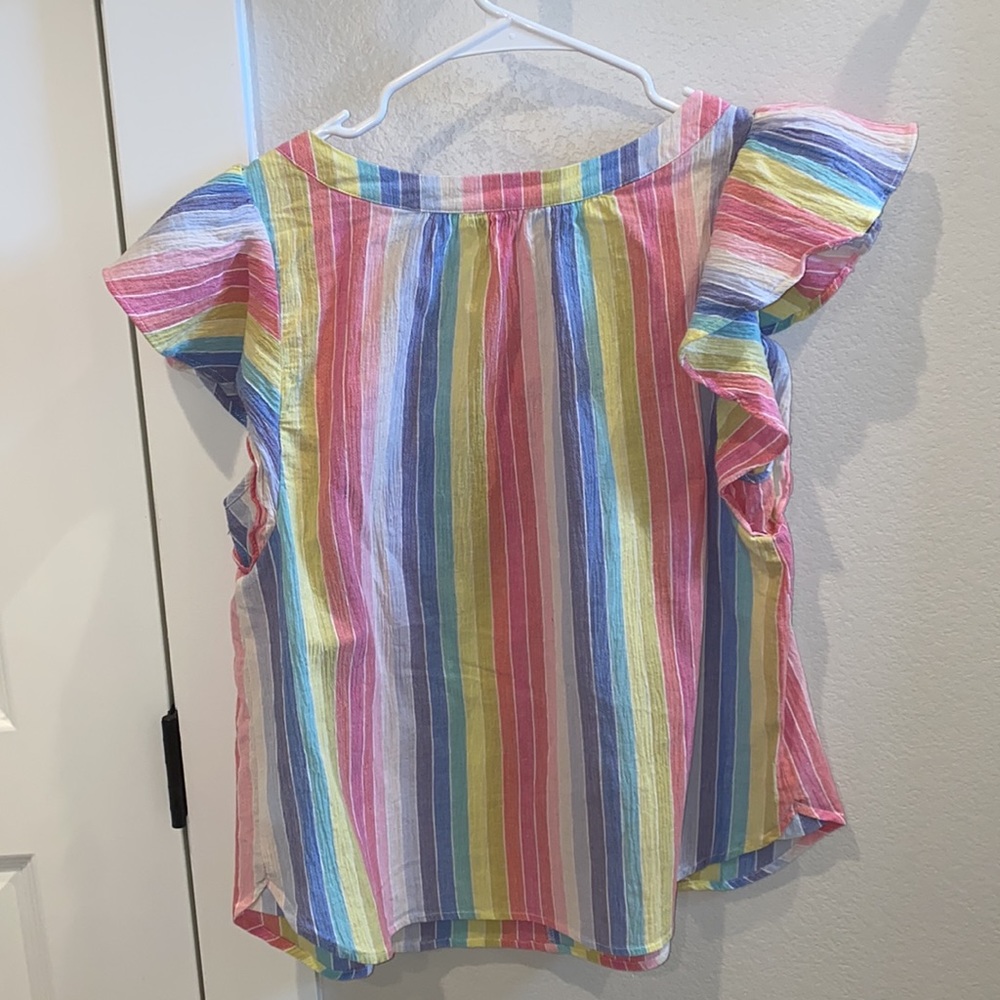 Euc Size L Large Flutter Sleeve Rainbow Stripe Dr… - image 7